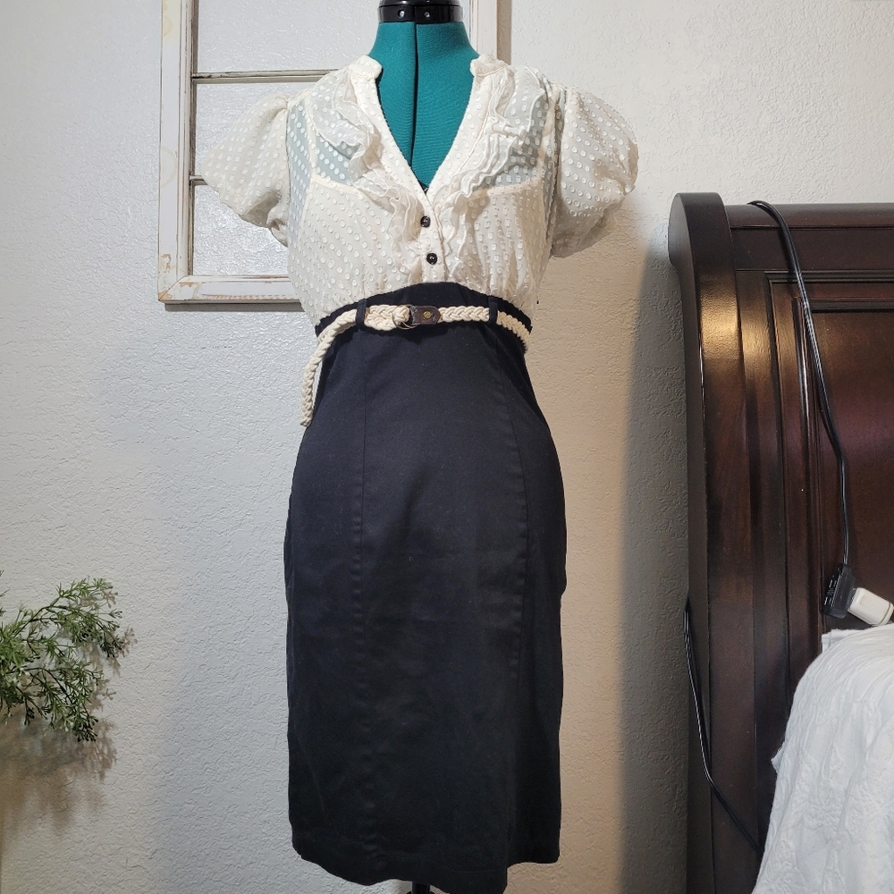 Vintage Trixxi Black and Yvory Polka Dot Textured Midi Dress  Ruffled Collar #5